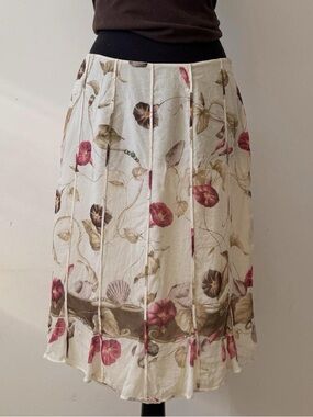 SILK Floral Cream Midi Skirt with Pink Blossom Print